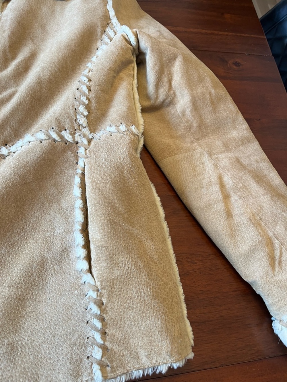 Vintage Y2K leather Sherpa Jacket Shearling Style Coat Aviator Beige Warm - Picture 14 of 16